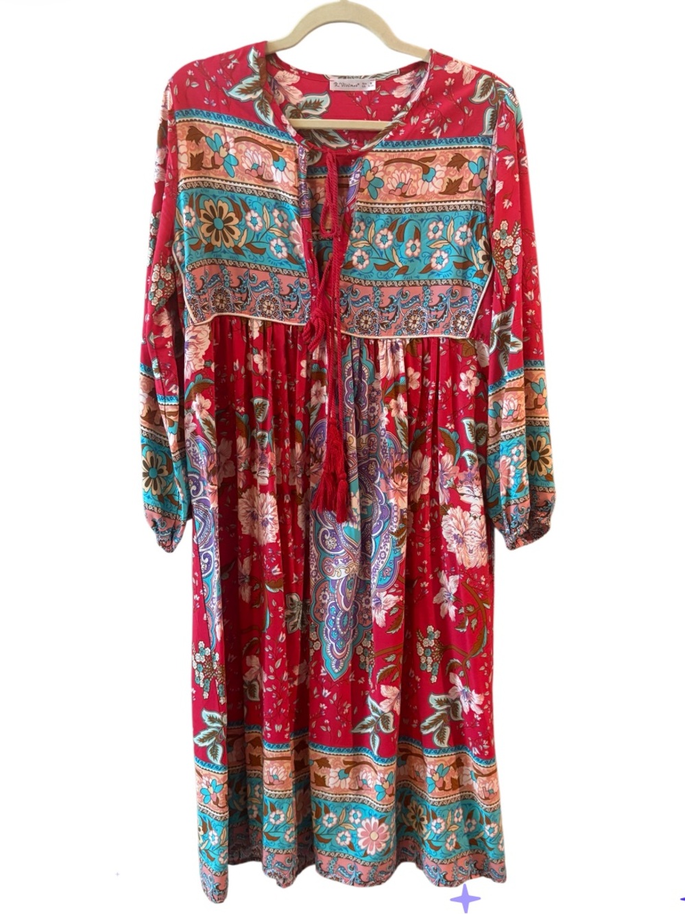 R. Vivimos Red Boho Floral Midi Dress Tassel Tie Long Sleeve Medium